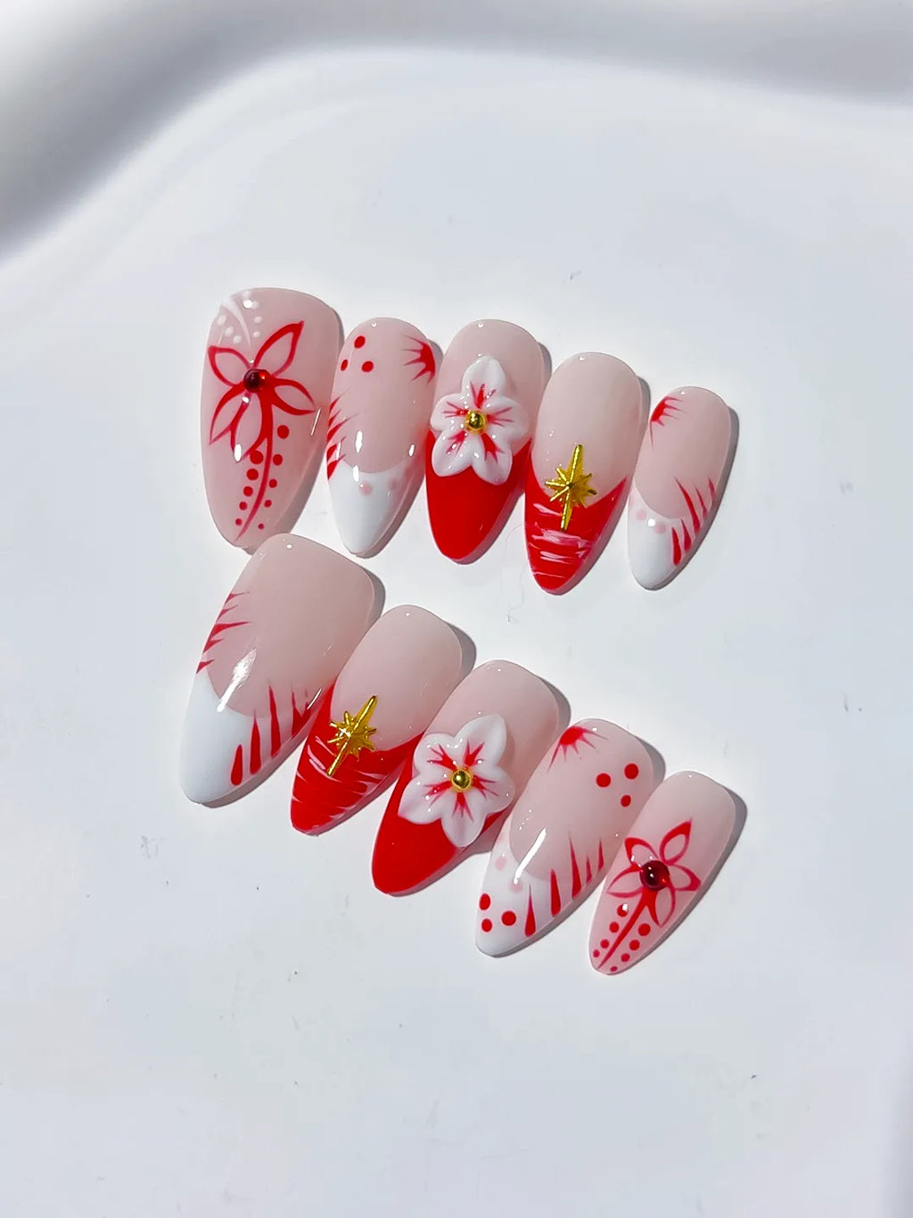 Nude White Red French tip Flower press on nails close up
