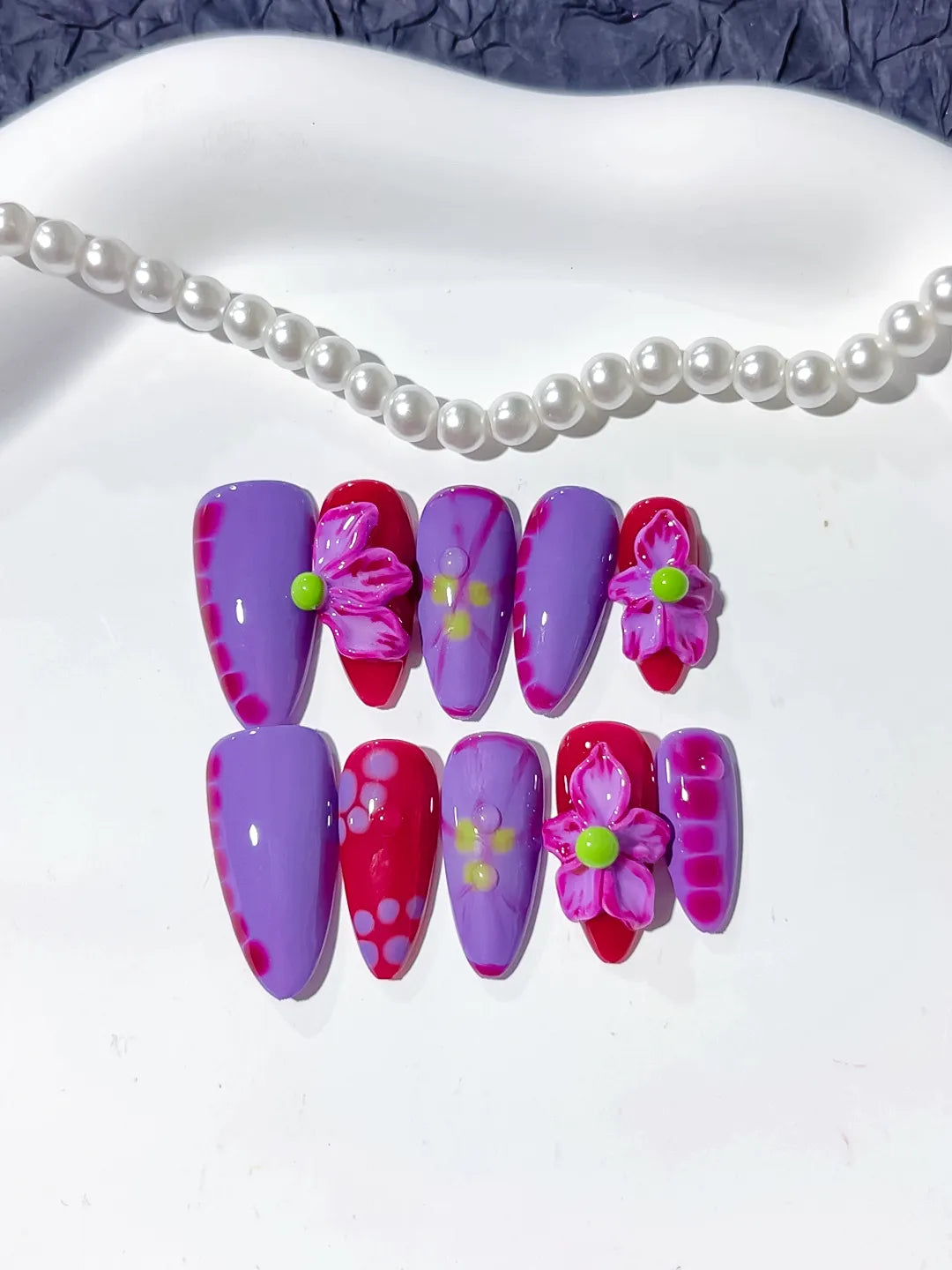 Purple Pink Abstract Flower press on nails close up