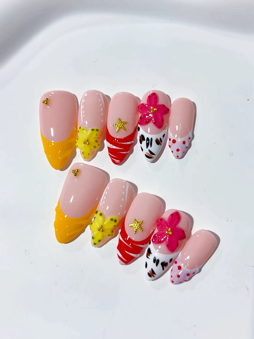 Pink Yellow White Red French tip Flower Animal Print Star press on nails detail view