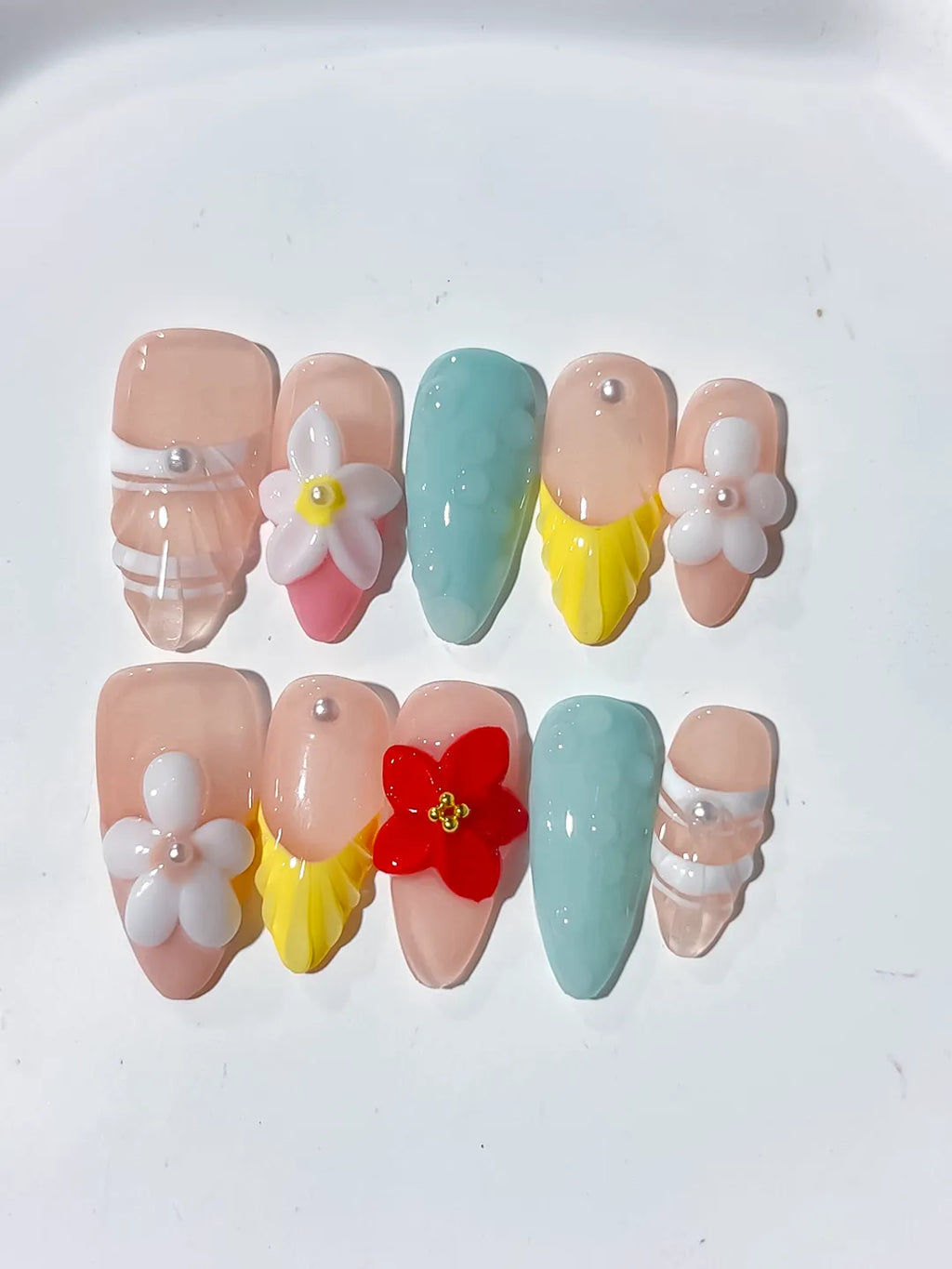 Nude Blue Yellow White Abstract Flower Pearl press on nails detail view
