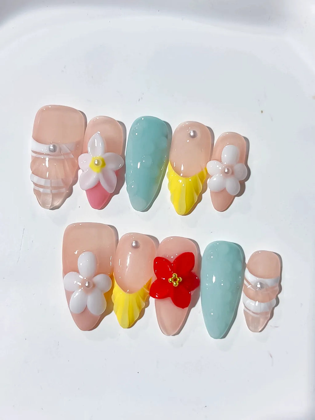 Nude Blue Yellow White Abstract Flower Pearl press on nails detail view