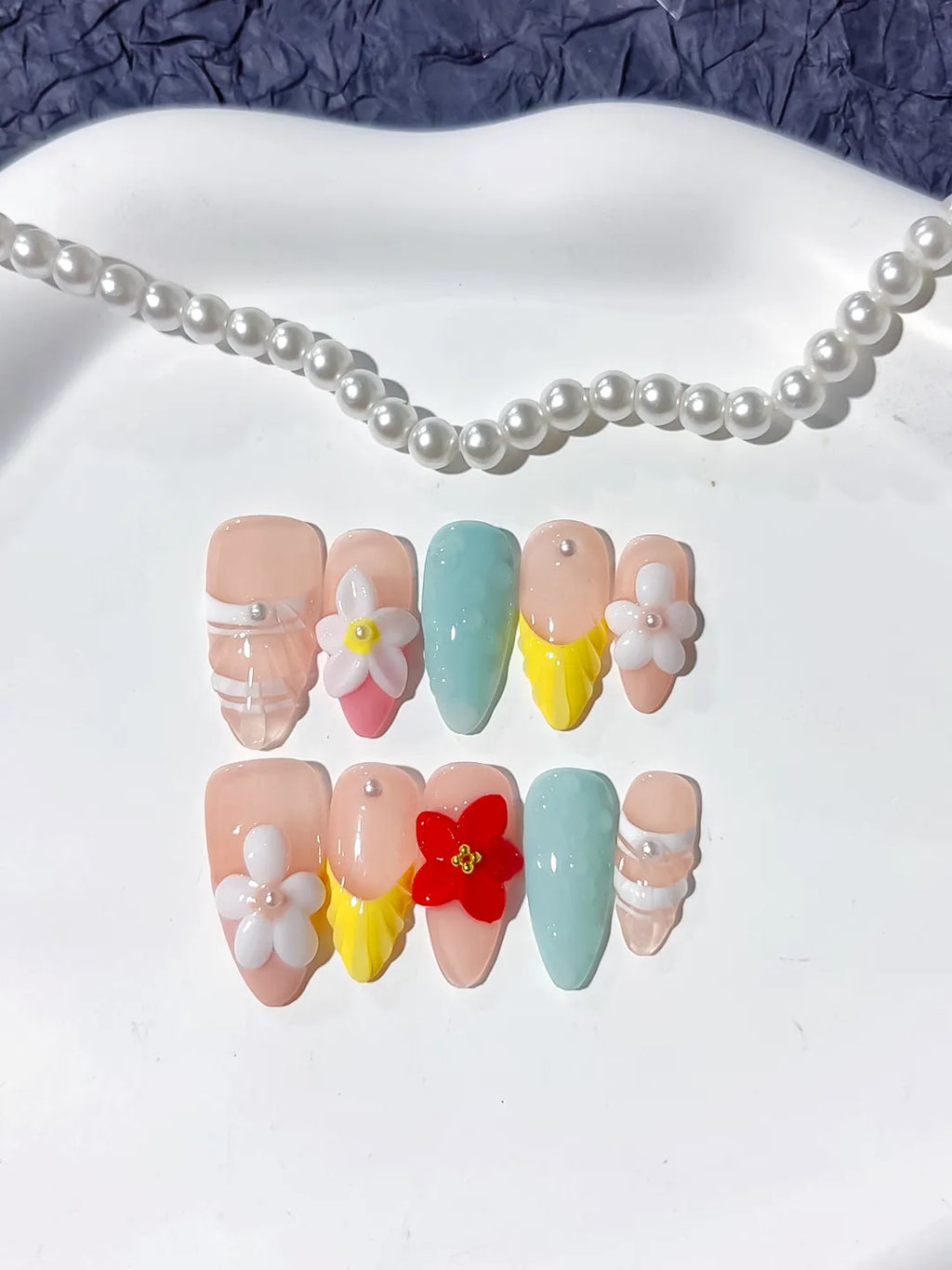 Nude Blue Yellow White Abstract Flower Pearl press on nails detail view