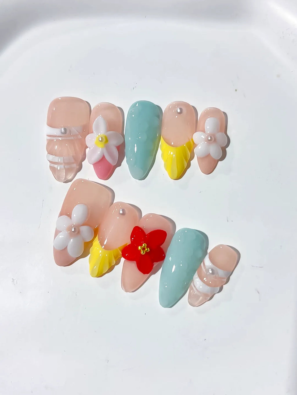 Nude Blue Yellow White Abstract Flower Pearl press on nails close up