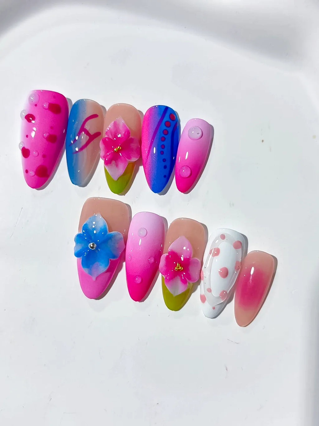 Pink Blue White Yellow Abstract Flower Dot Pattern press on nails detail view