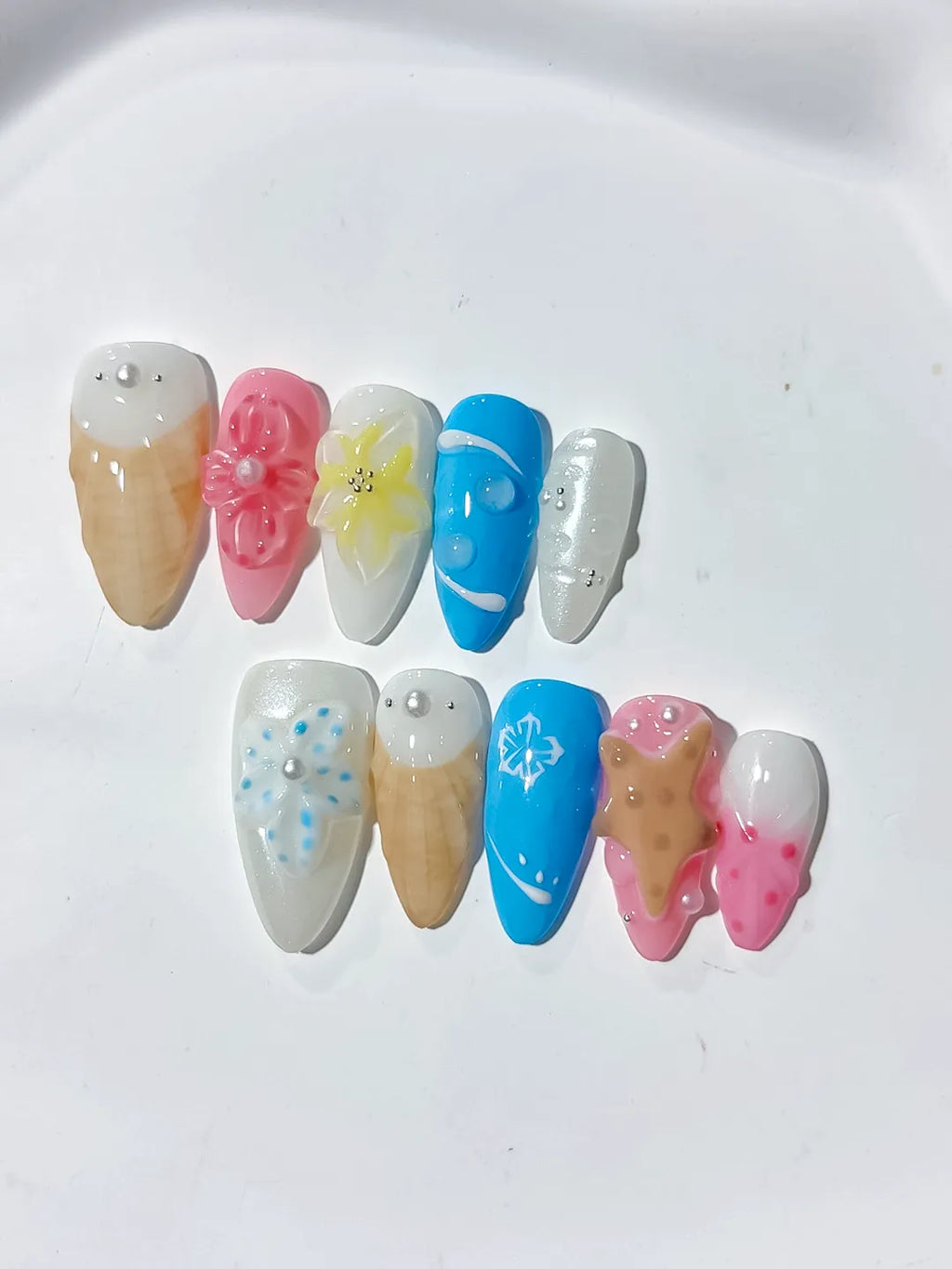 Nude Pink Blue Abstract Flower Cookie Snowflake press on nails detail view