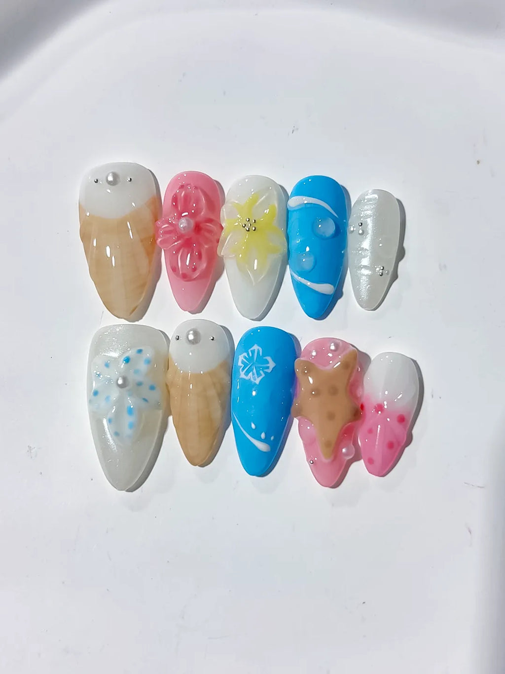 Nude Pink Blue Abstract Flower Cookie Snowflake press on nails detail view