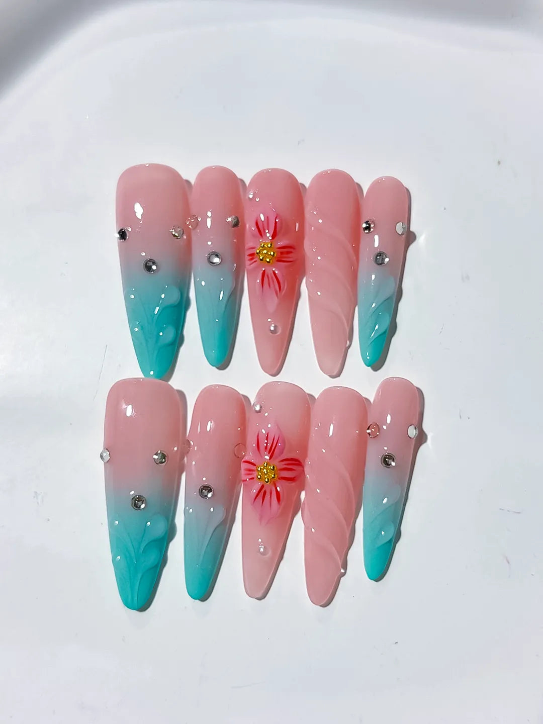 Pink Blue Ombre Flower Rhinestone press on nails close up