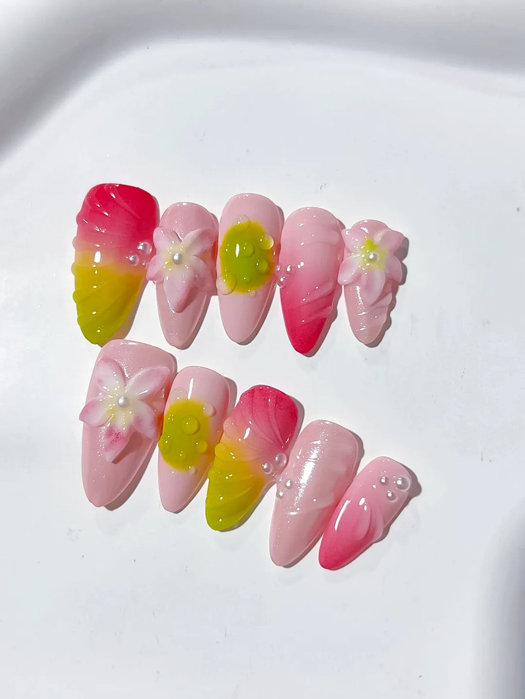 Pink Yellow Green Ombre Flower Pearl press on nails detail view