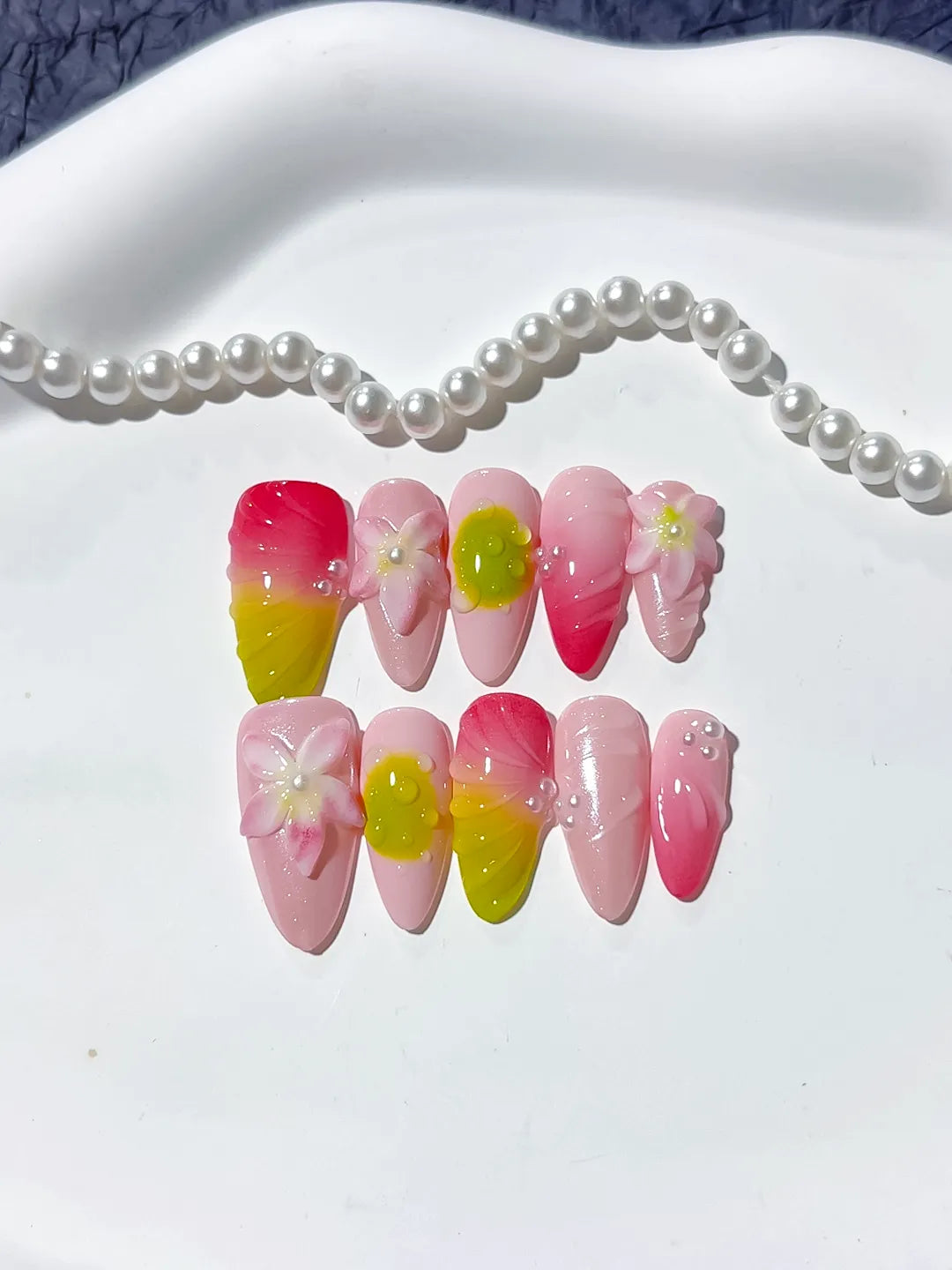 Pink Yellow Green Ombre Flower Pearl press on nails detail view