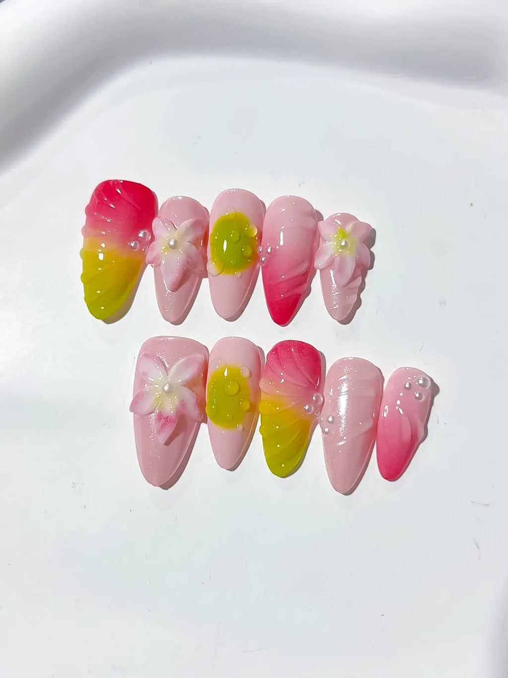 Pink Yellow Green Ombre Flower Pearl press on nails detail view