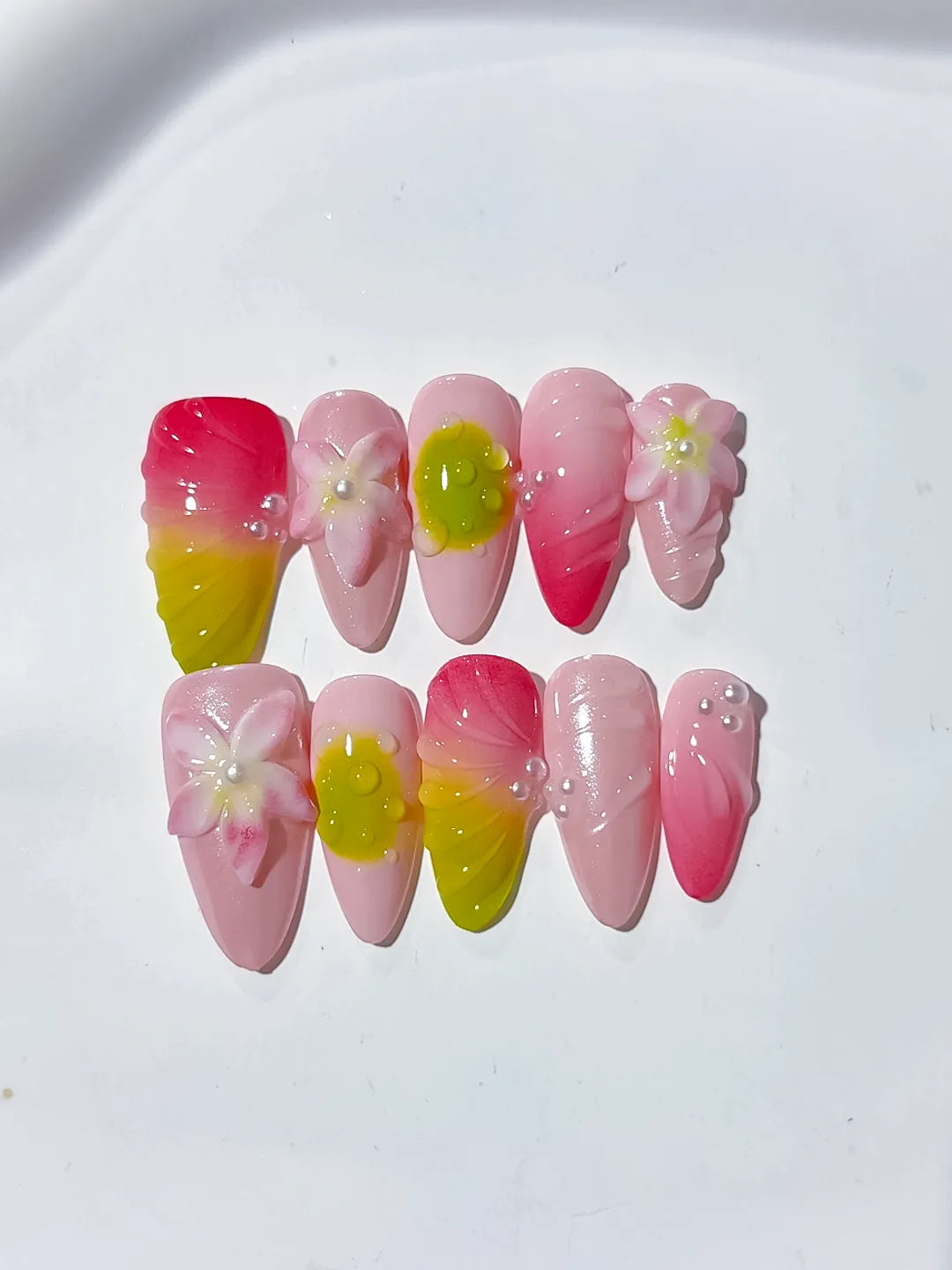 Pink Yellow Green Ombre Flower Pearl press on nails close up