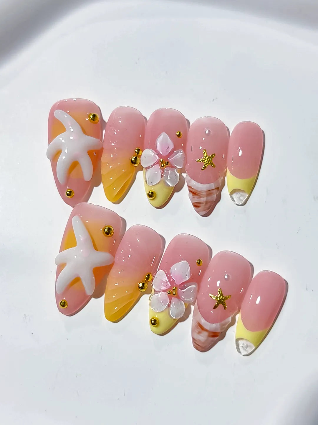 Pink Yellow White French tip Starfish Flower Shell press on nails detail view