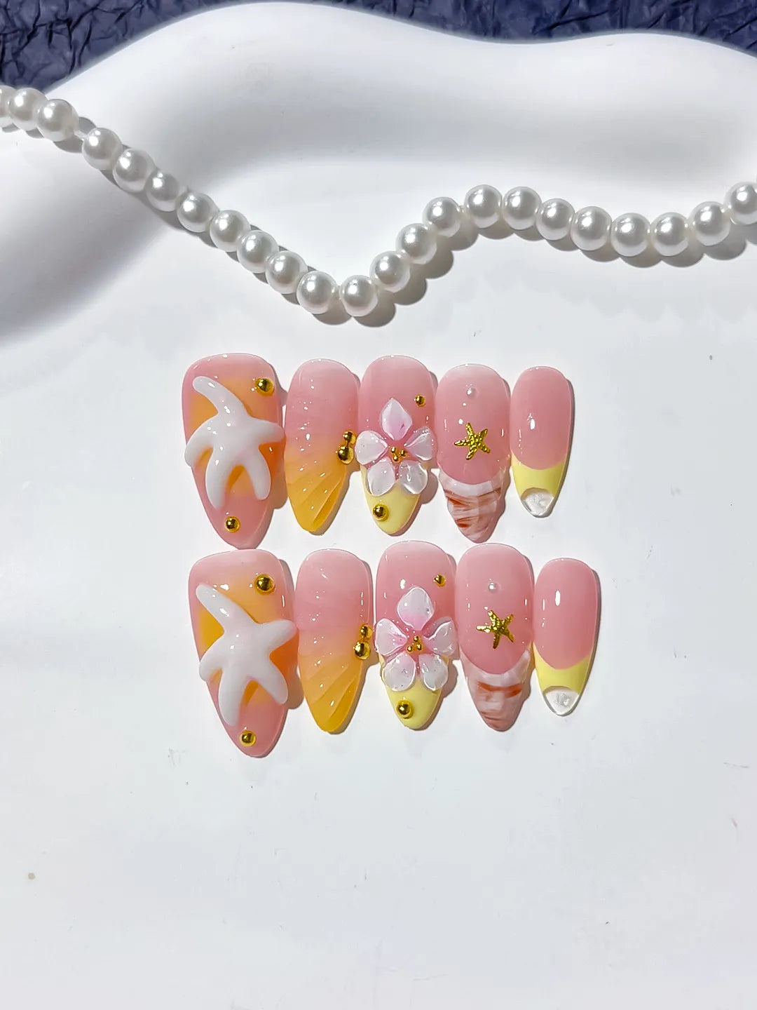 Pink Yellow White French tip Starfish Flower Shell press on nails detail view