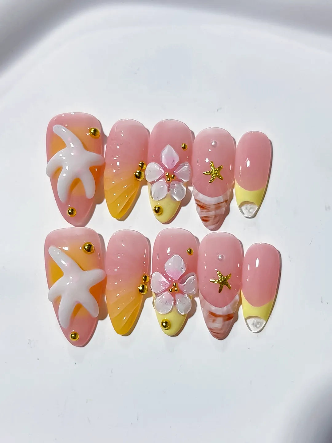 Pink Yellow White French tip Starfish Flower Shell press on nails detail view