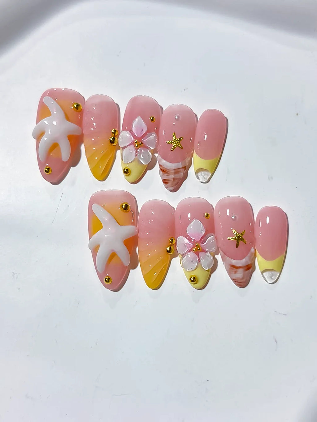 Pink Yellow White French tip Starfish Flower Shell press on nails close up