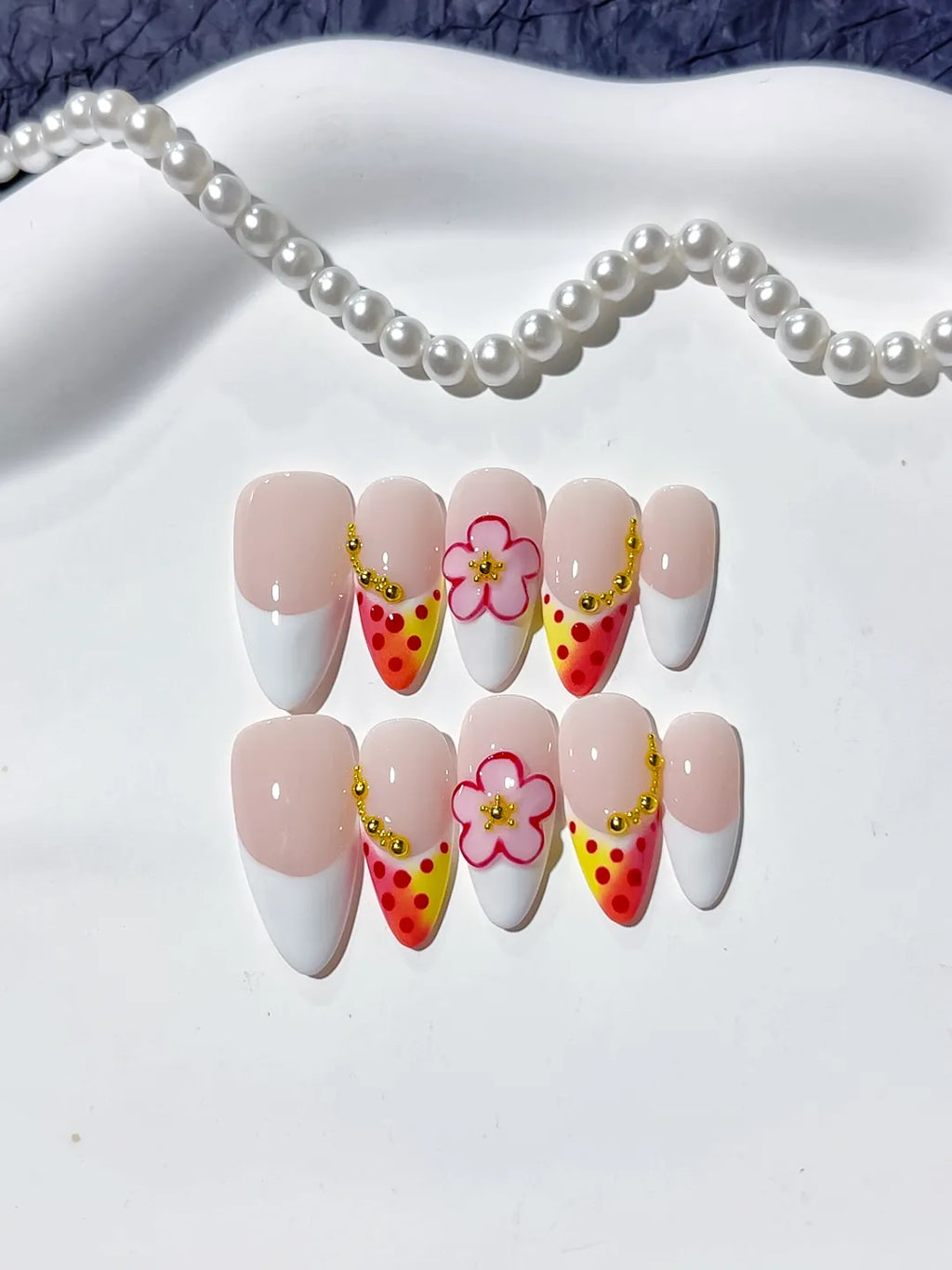 Nude White Yellow Pink French tip Flower Dot Pattern press on nails detail view