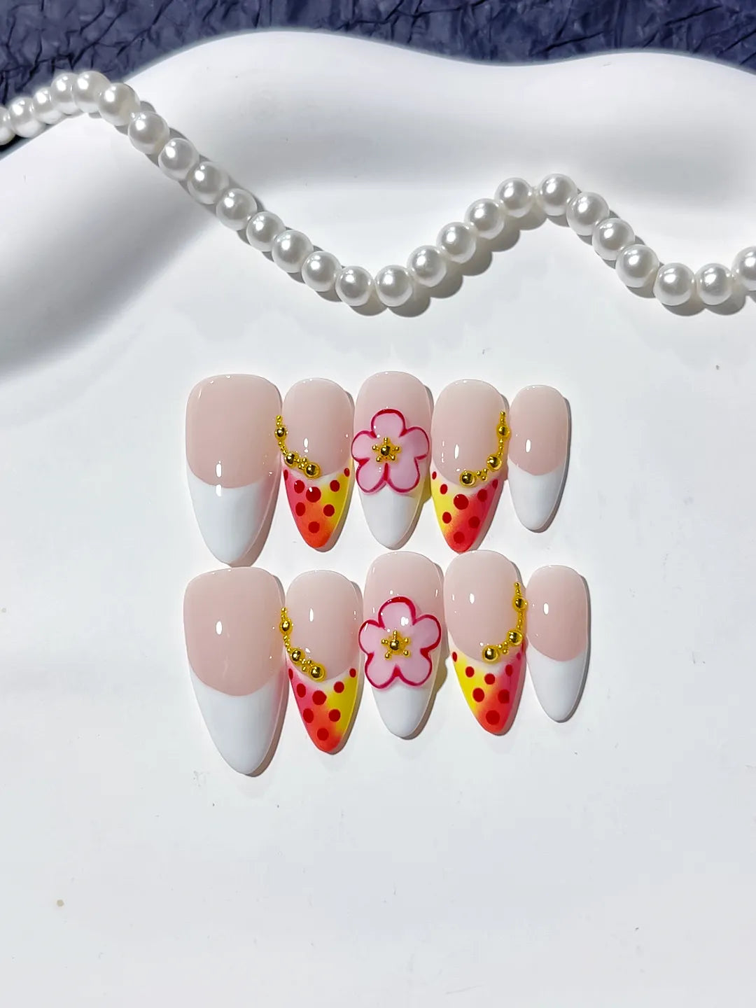 Nude White Yellow Pink French tip Flower Dot Pattern press on nails detail view