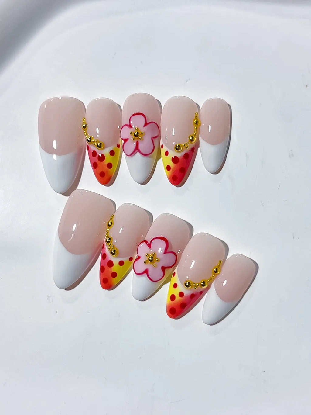 Nude White Yellow Pink French tip Flower Dot Pattern press on nails detail view