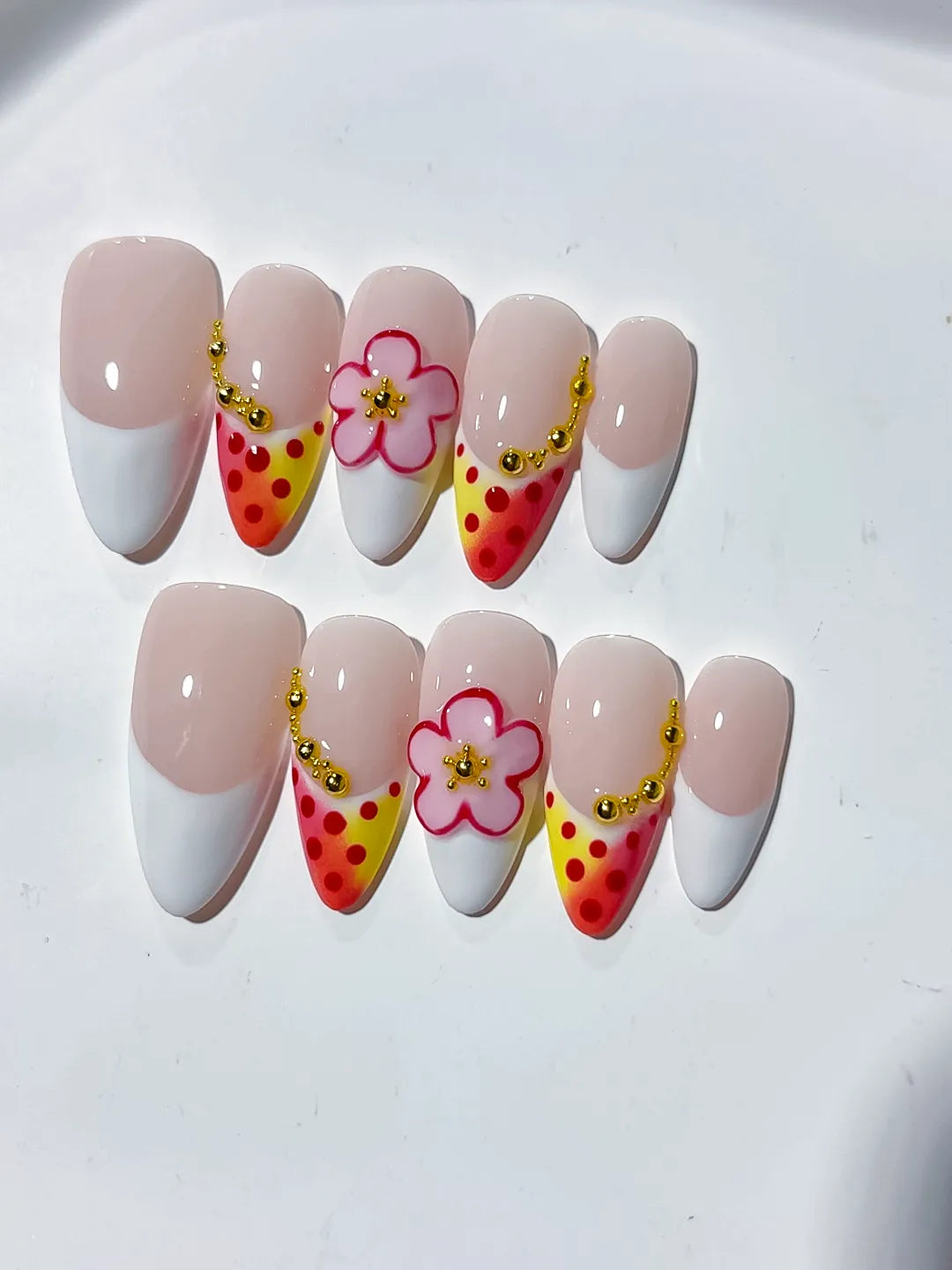Nude White Yellow Pink French tip Flower Dot Pattern press on nails detail view