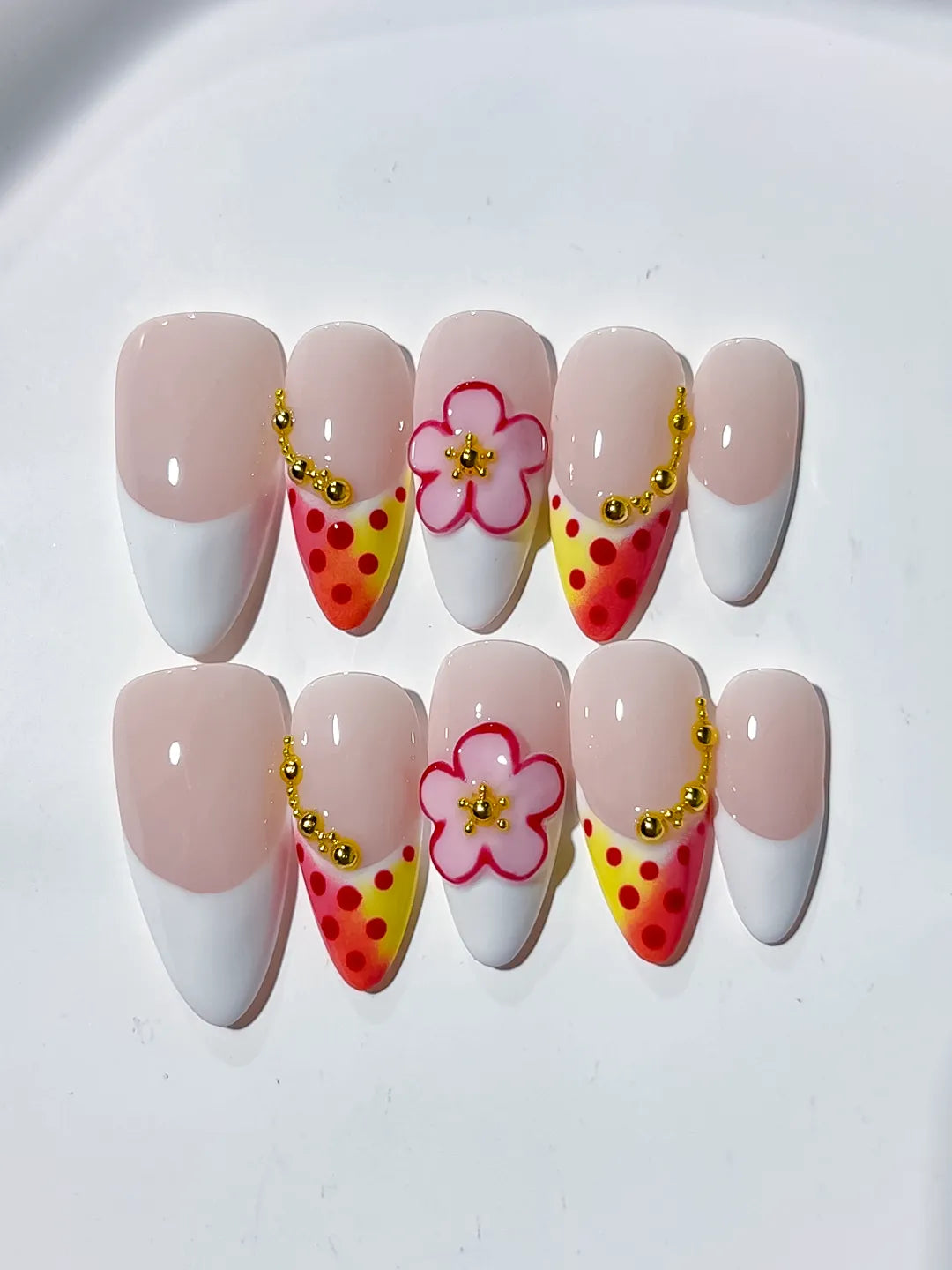 Nude White Yellow Pink French tip Flower Dot Pattern press on nails close up