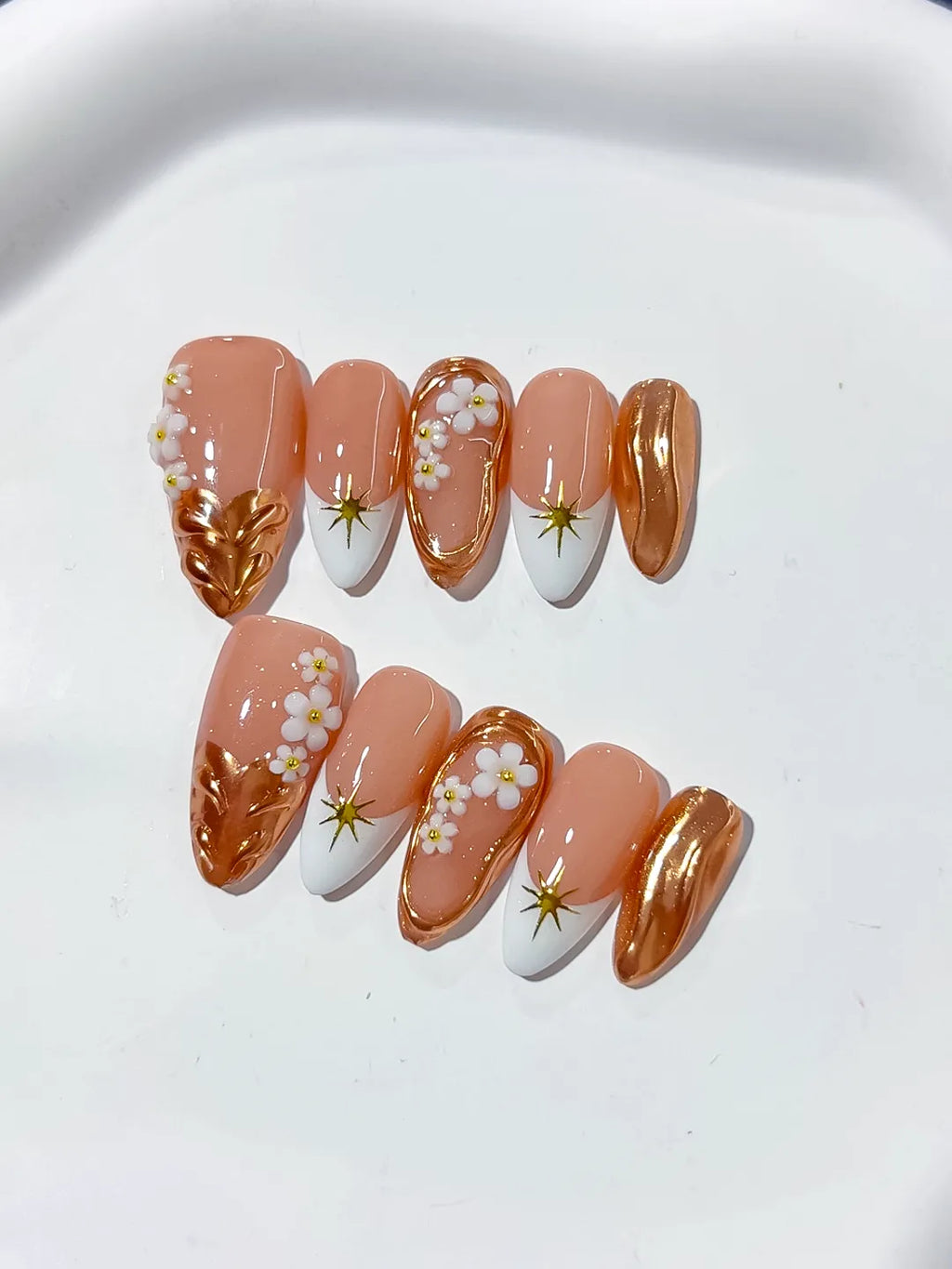 Nude Brown White Metallic Flower Star press on nails detail view
