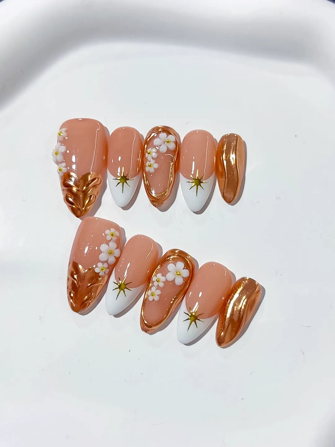 Nude Brown White Metallic Flower Star press on nails detail view
