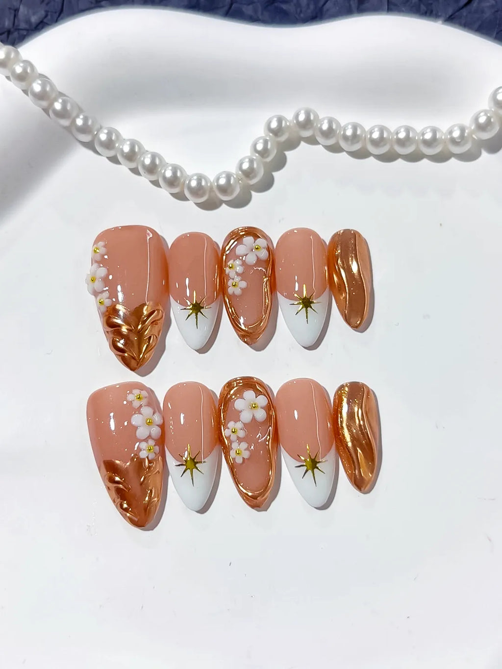 Nude Brown White Metallic Flower Star press on nails detail view