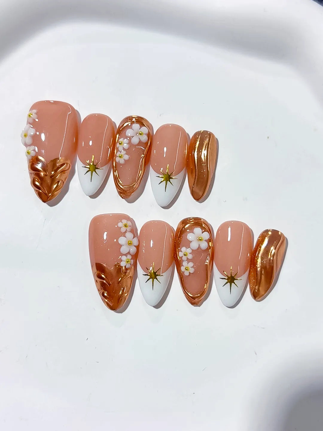 Nude Brown White Metallic Flower Star press on nails detail view