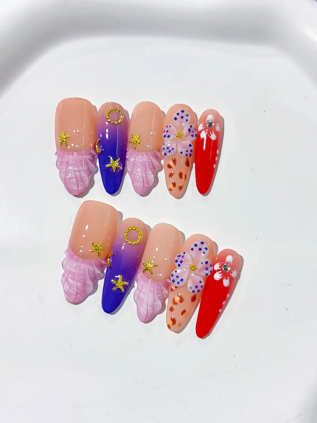 Nude Purple Red Abstract Flower Animal Print Star press on nails detail view