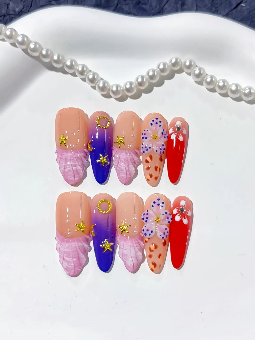 Nude Purple Red Abstract Flower Animal Print Star press on nails detail view