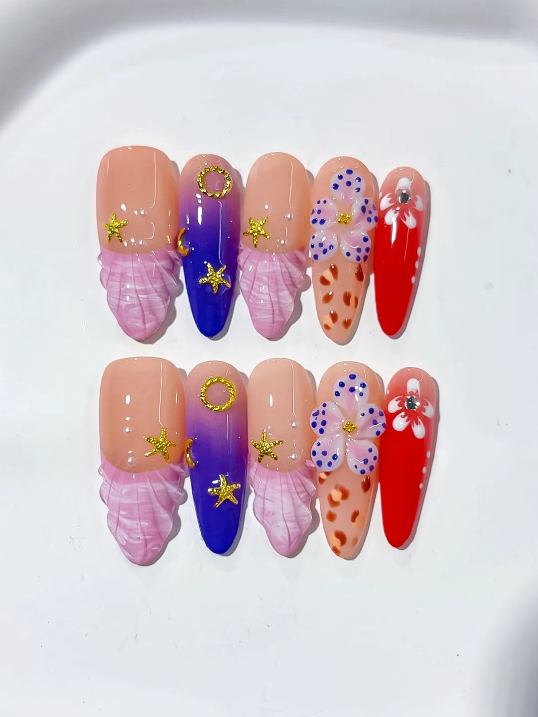 Nude Purple Red Abstract Flower Animal Print Star press on nails detail view