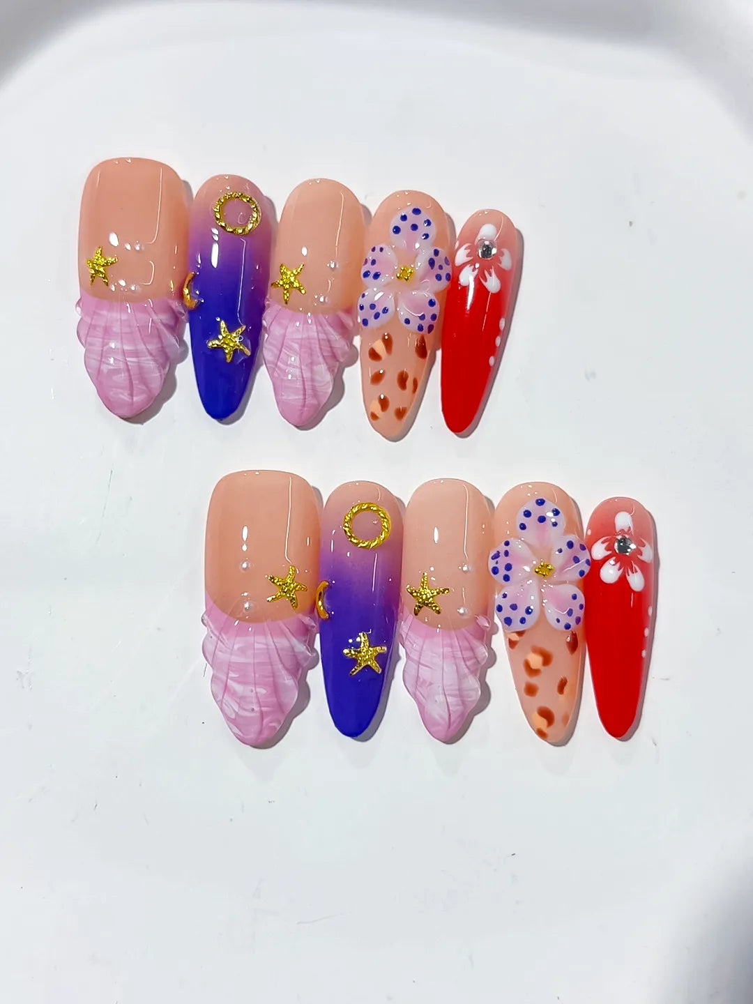 Nude Purple Red Abstract Flower Animal Print Star press on nails close up