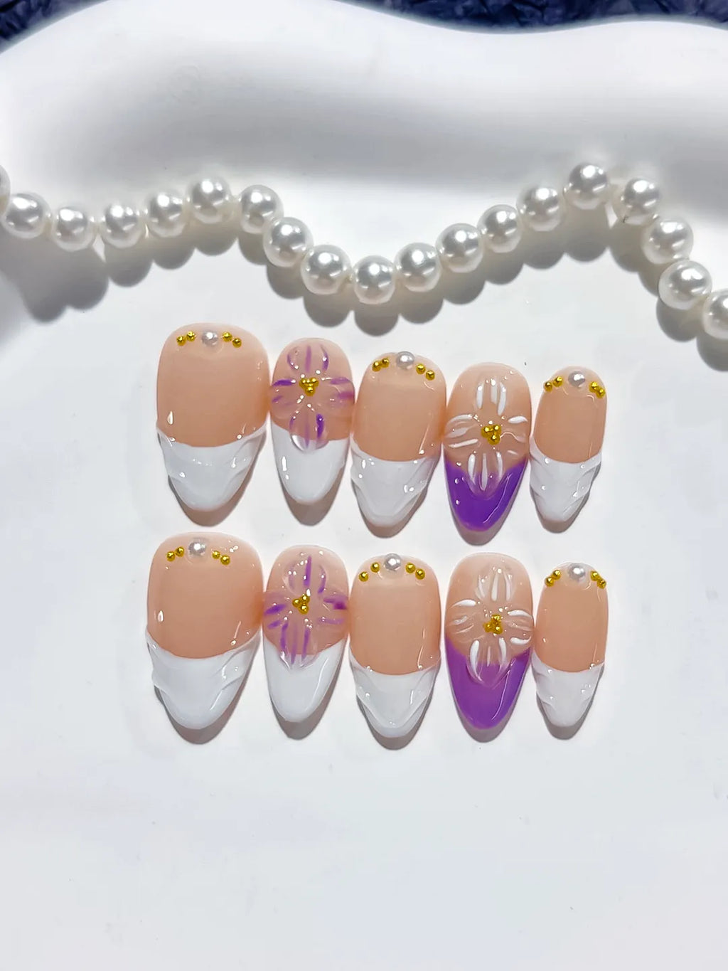Nude White Purple French tip Flower press on nails detail view