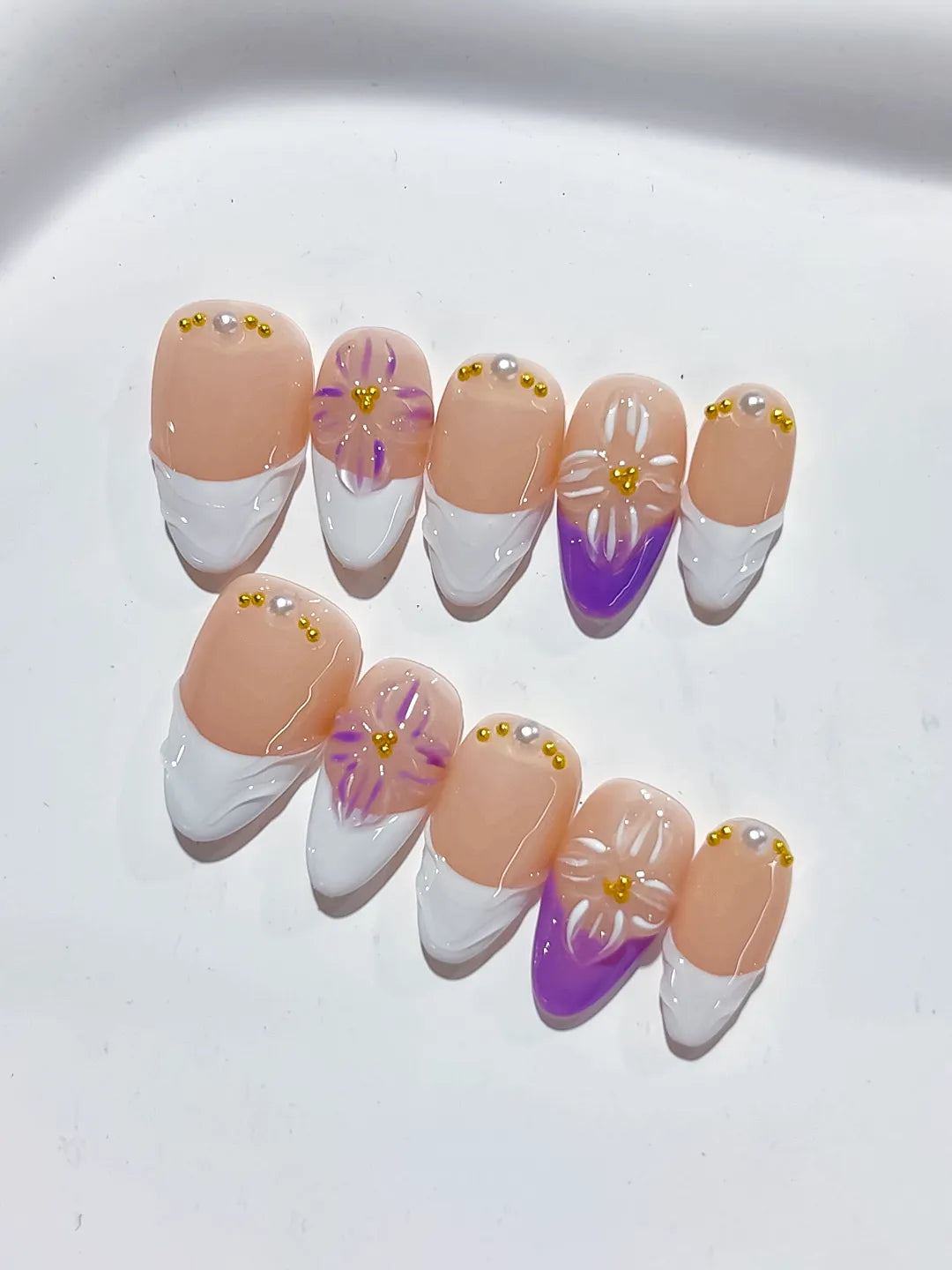 Nude White Purple French tip Flower press on nails detail view