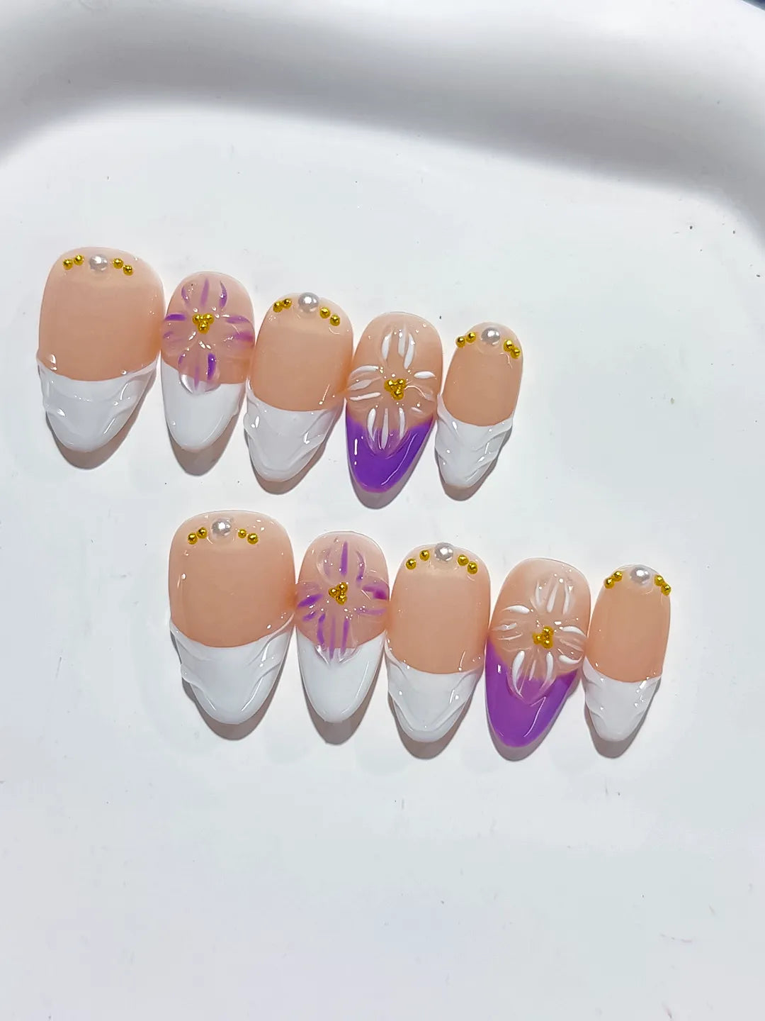 Nude White Purple French tip Flower press on nails close up