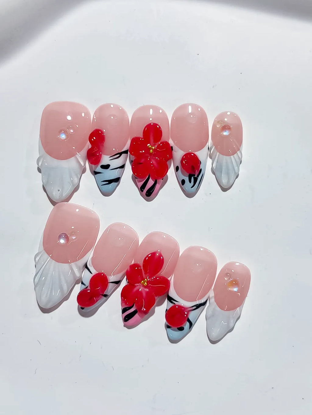 Nude White Red French tip Flower Heart press on nails detail view