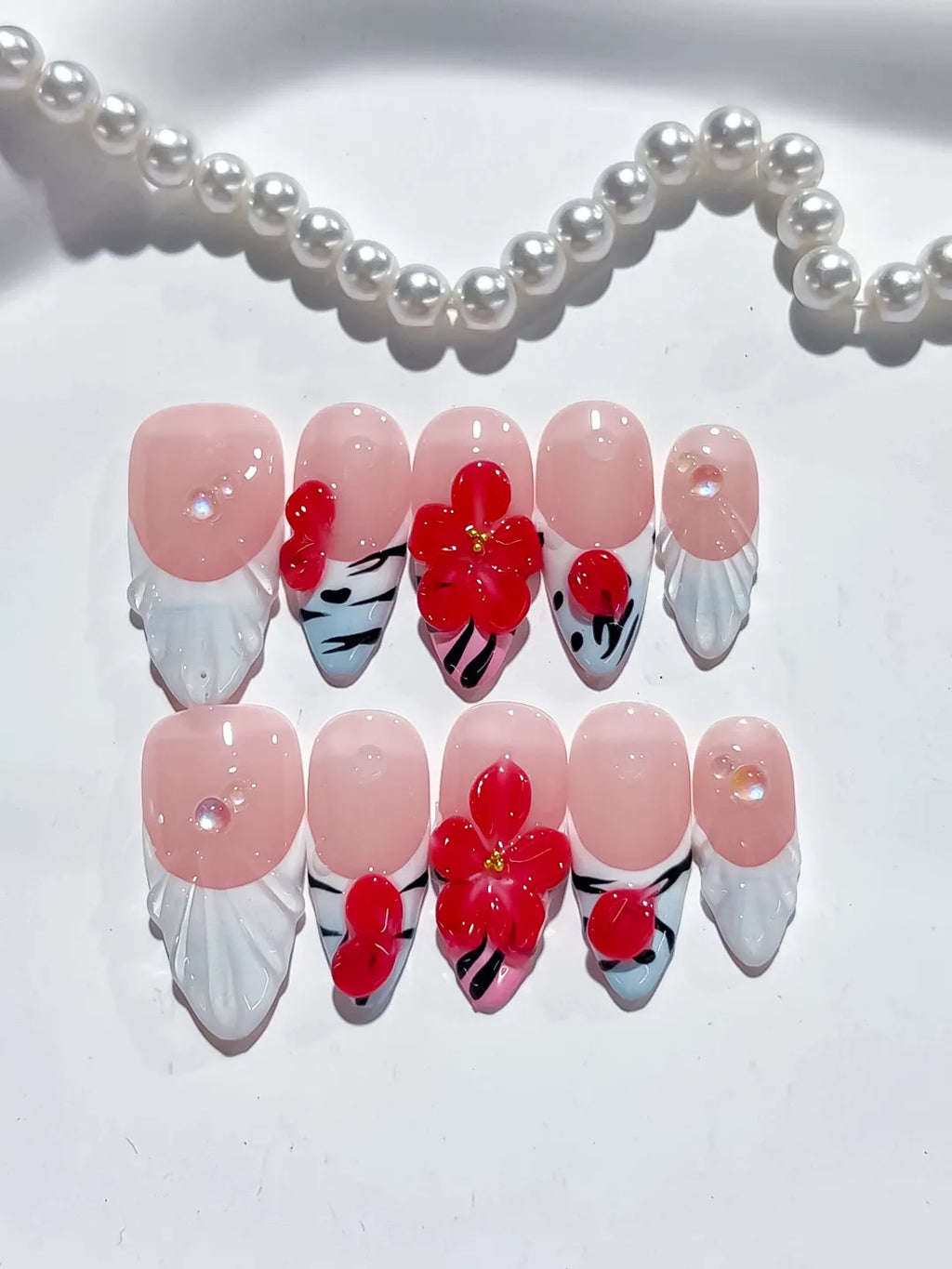 Nude White Red French tip Flower Heart press on nails detail view
