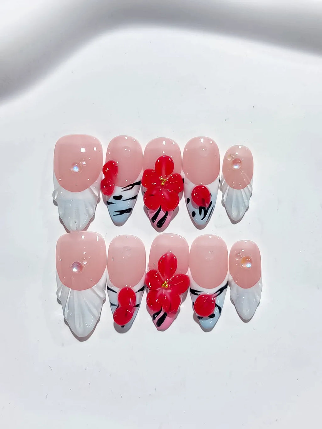 Nude White Red French tip Flower Heart press on nails detail view