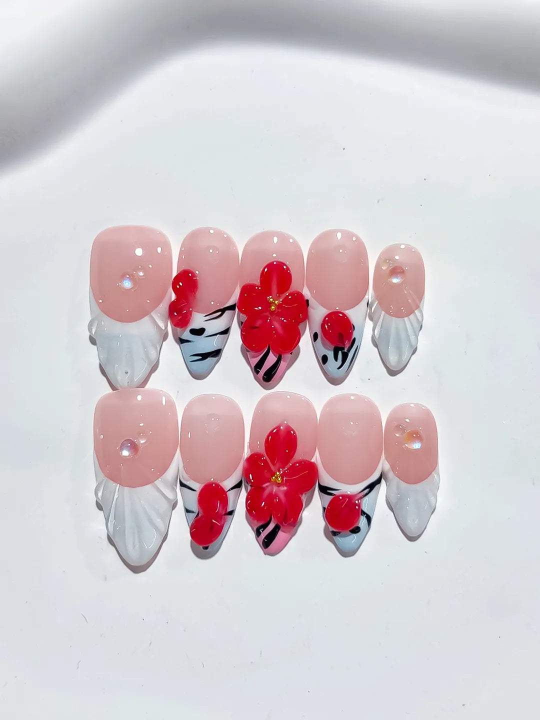 Nude White Red French tip Flower Heart press on nails detail view