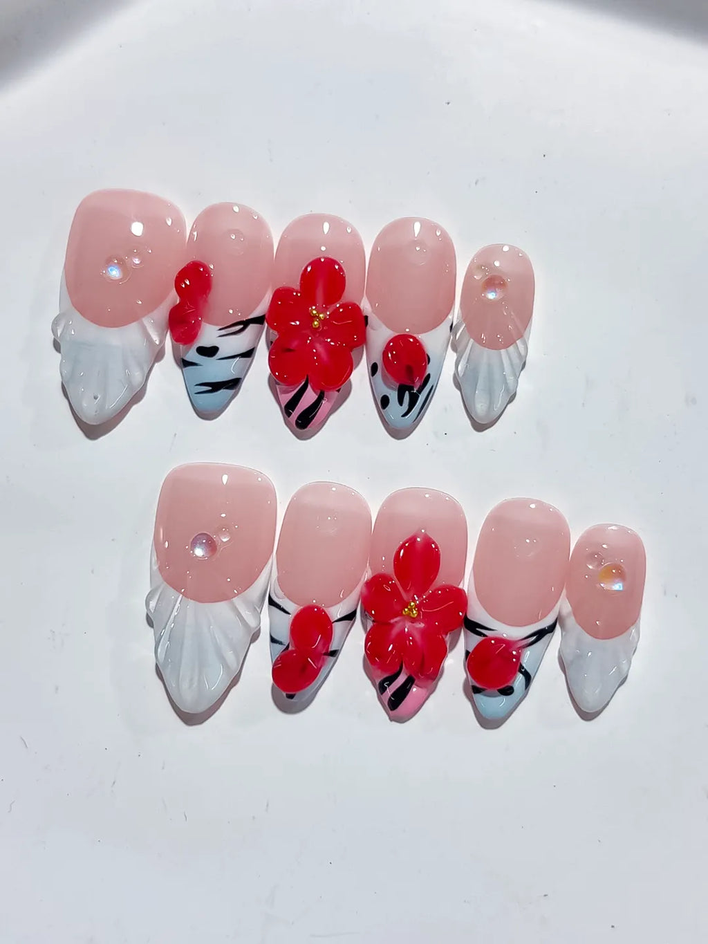 Nude White Red French tip Flower Heart press on nails close up