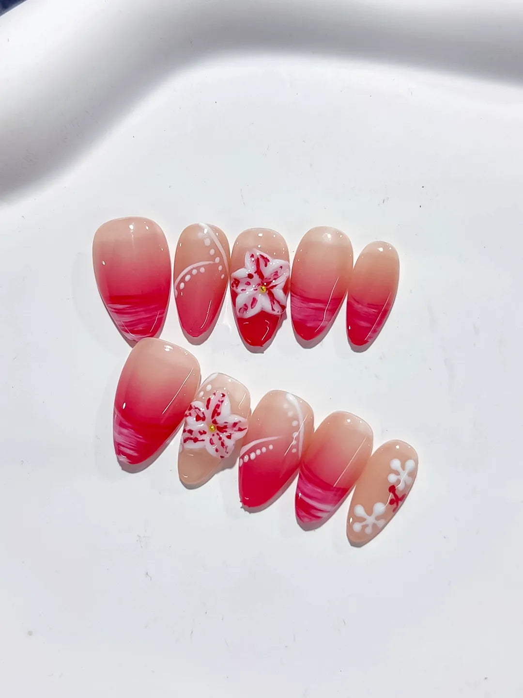 Nude Pink Red French tip Flower press on nails detail view
