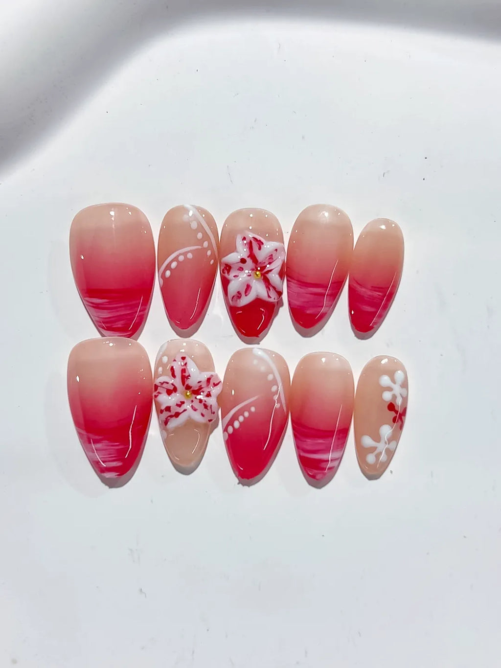 Nude Pink Red French tip Flower press on nails detail view