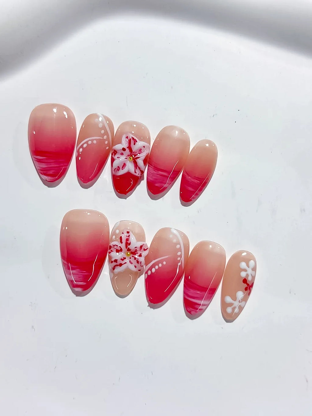 Nude Pink Red French tip Flower press on nails close up