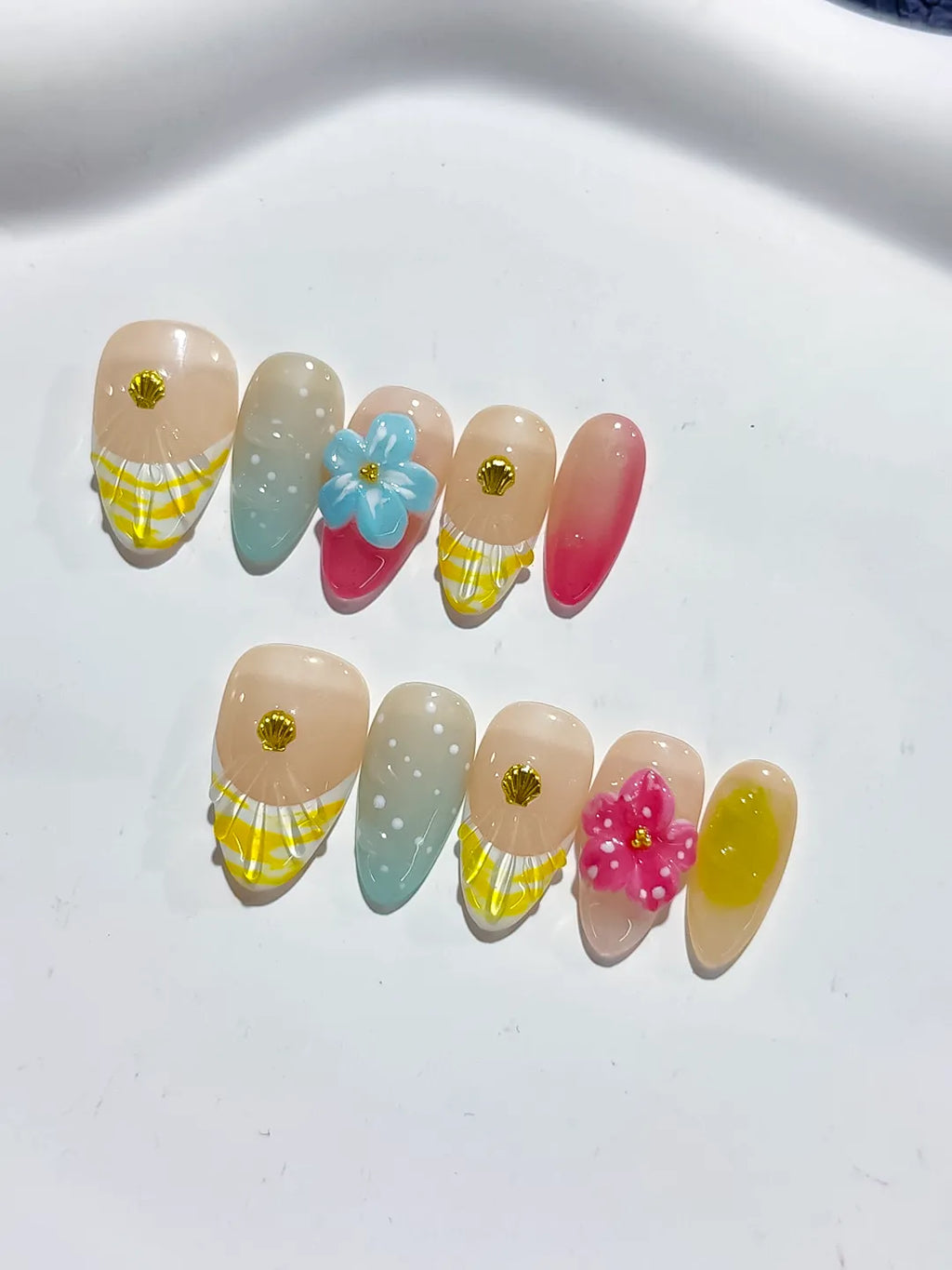 Nude Yellow Pink Green Abstract Flower Shell press on nails detail view