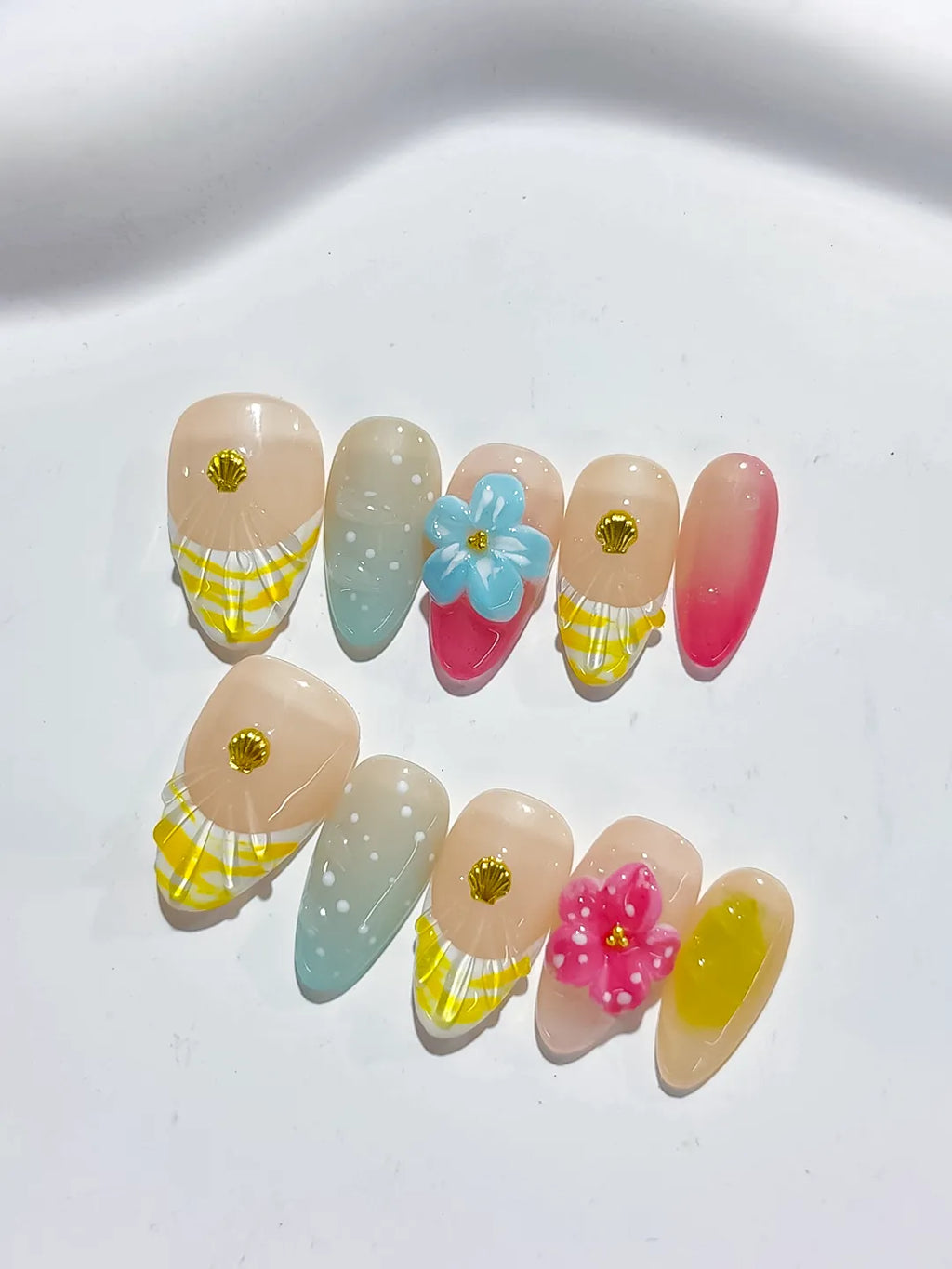 Nude Yellow Pink Green Abstract Flower Shell press on nails detail view