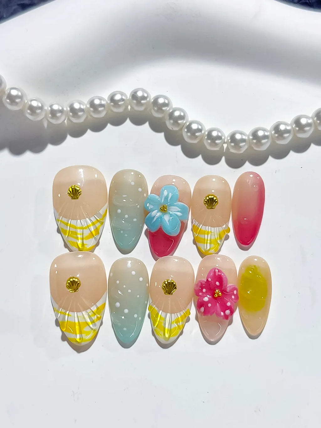 Nude Yellow Pink Green Abstract Flower Shell press on nails detail view