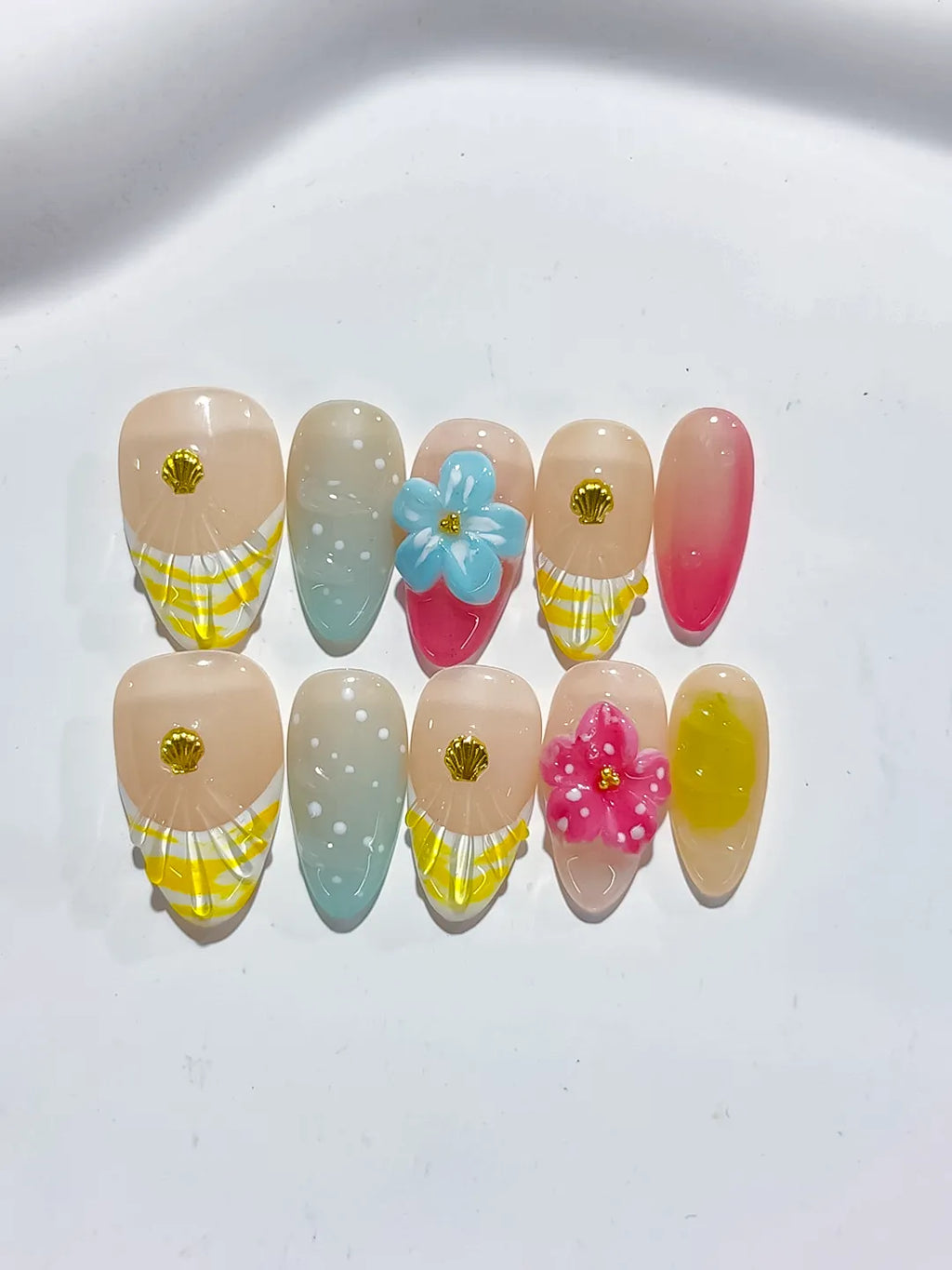 Nude Yellow Pink Green Abstract Flower Shell press on nails close up