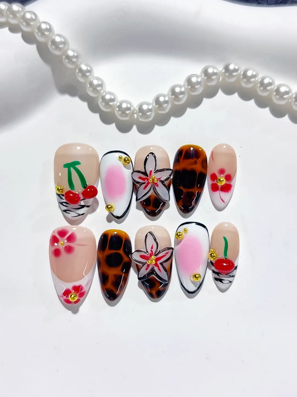 Nude White Brown Pink Red Abstract Cherry Flower Animal Print press on nails detail view
