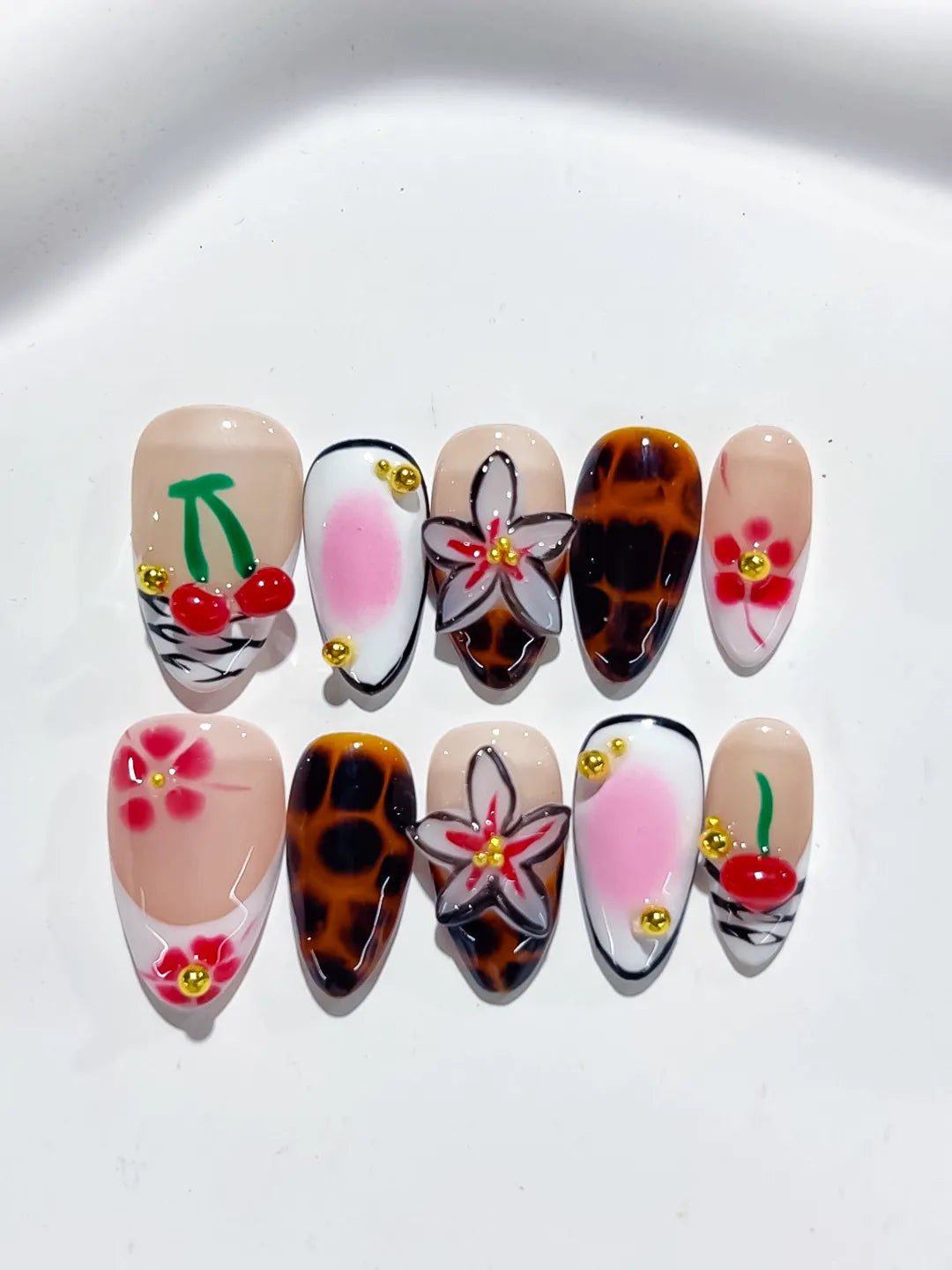 Nude White Brown Pink Red Abstract Cherry Flower Animal Print press on nails detail view