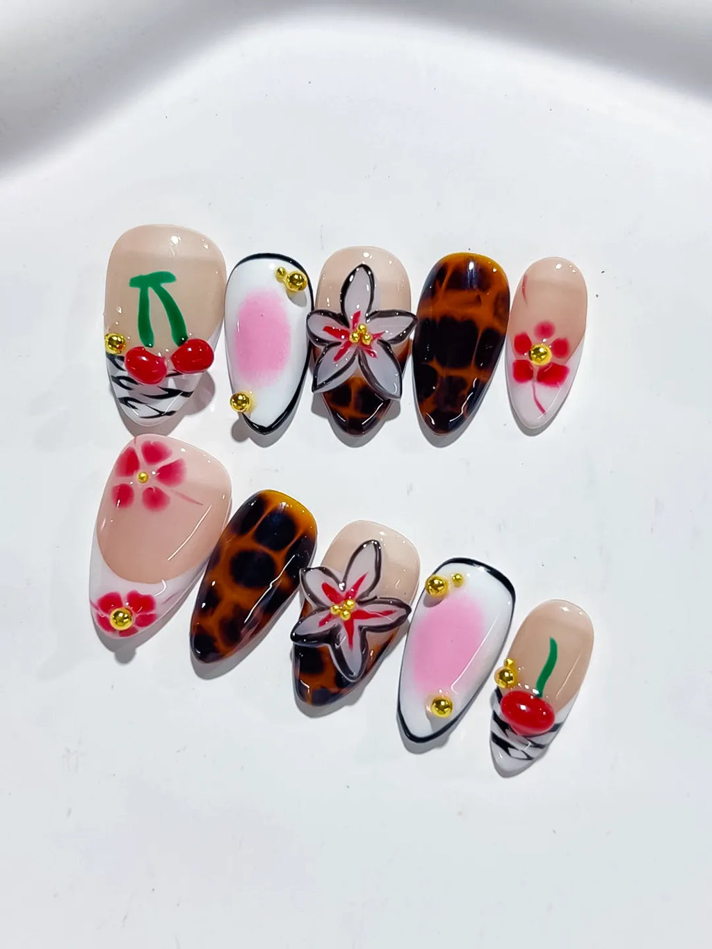 Nude White Brown Pink Red Abstract Cherry Flower Animal Print press on nails detail view